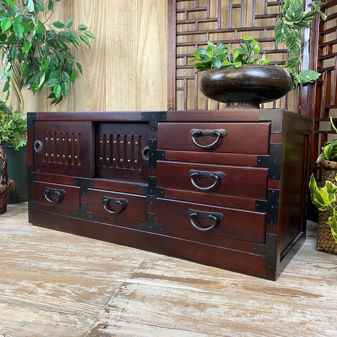 訳あり品！【140】民芸家具桐材天然無垢和引き戸付きチェスト横長テレビ台飾り棚