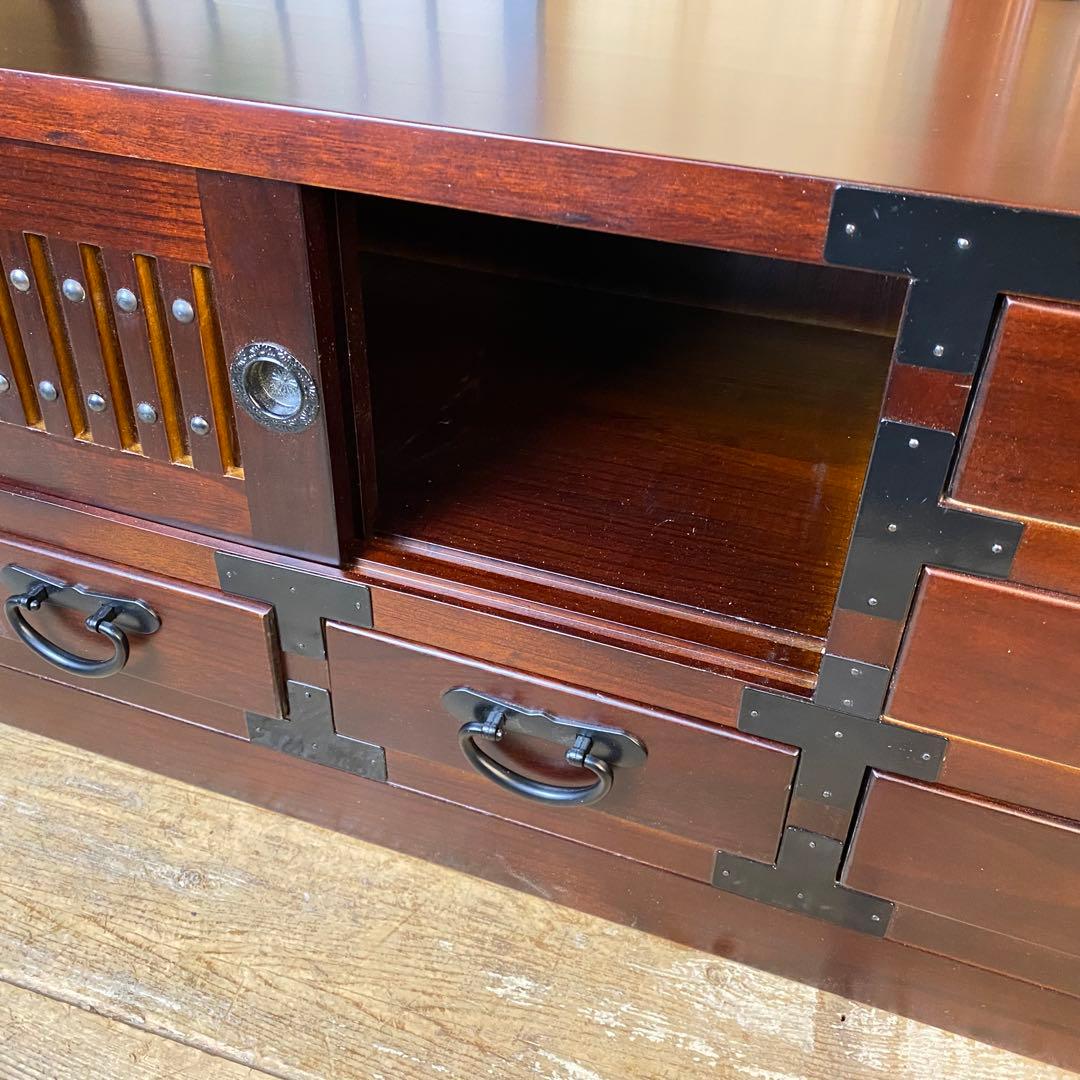 訳あり品！【140】民芸家具桐材天然無垢和引き戸付きチェスト横長テレビ台飾り棚