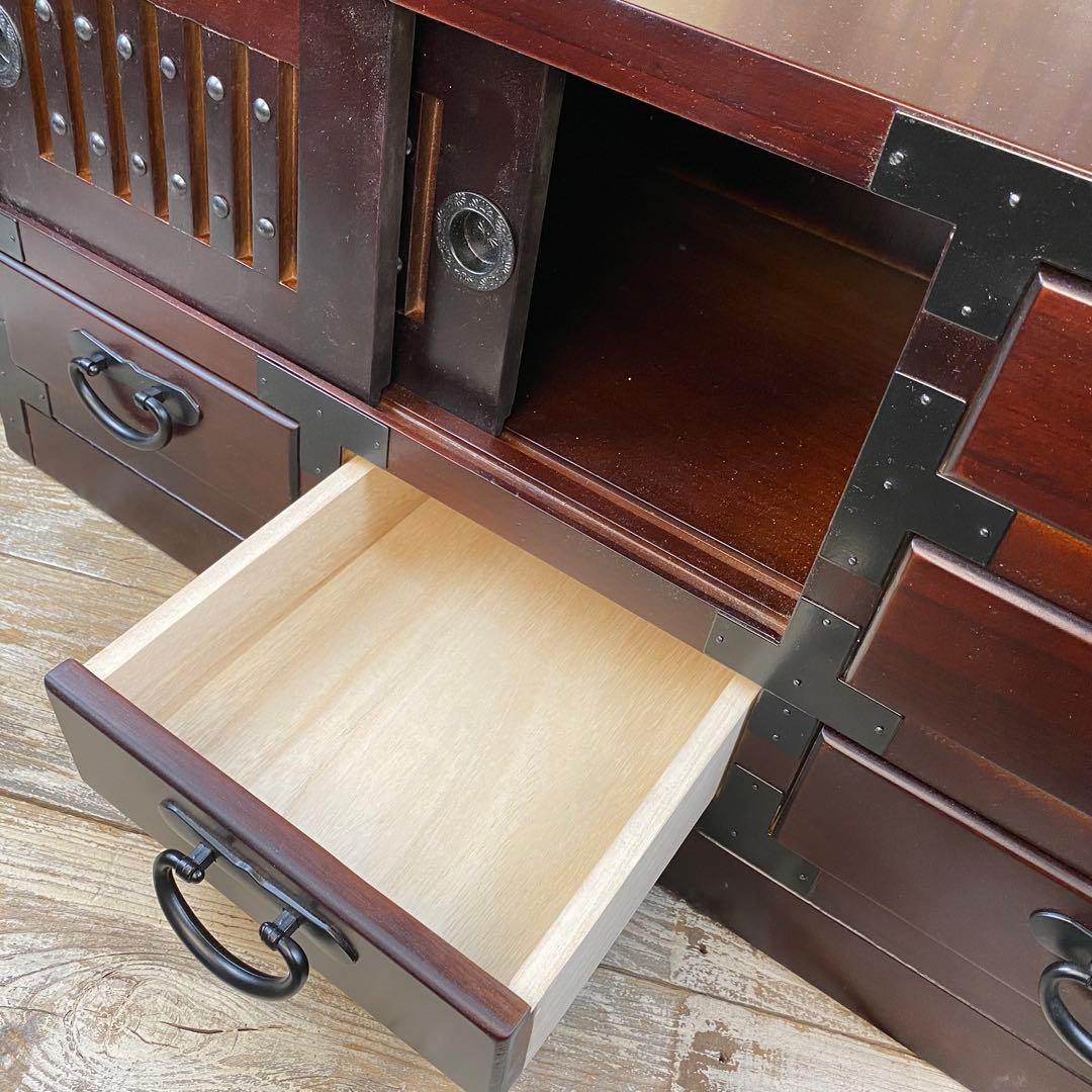 訳あり品！【140】民芸家具桐材天然無垢和引き戸付きチェスト横長テレビ台飾り棚