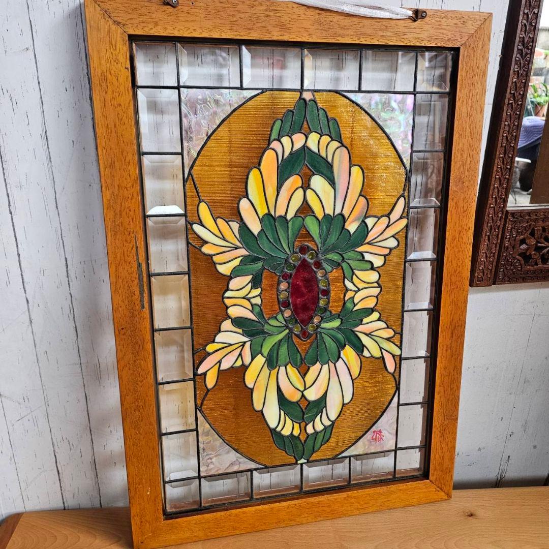 【p175/k】花柄 ステンドグラス 木製フレーム インテリア
