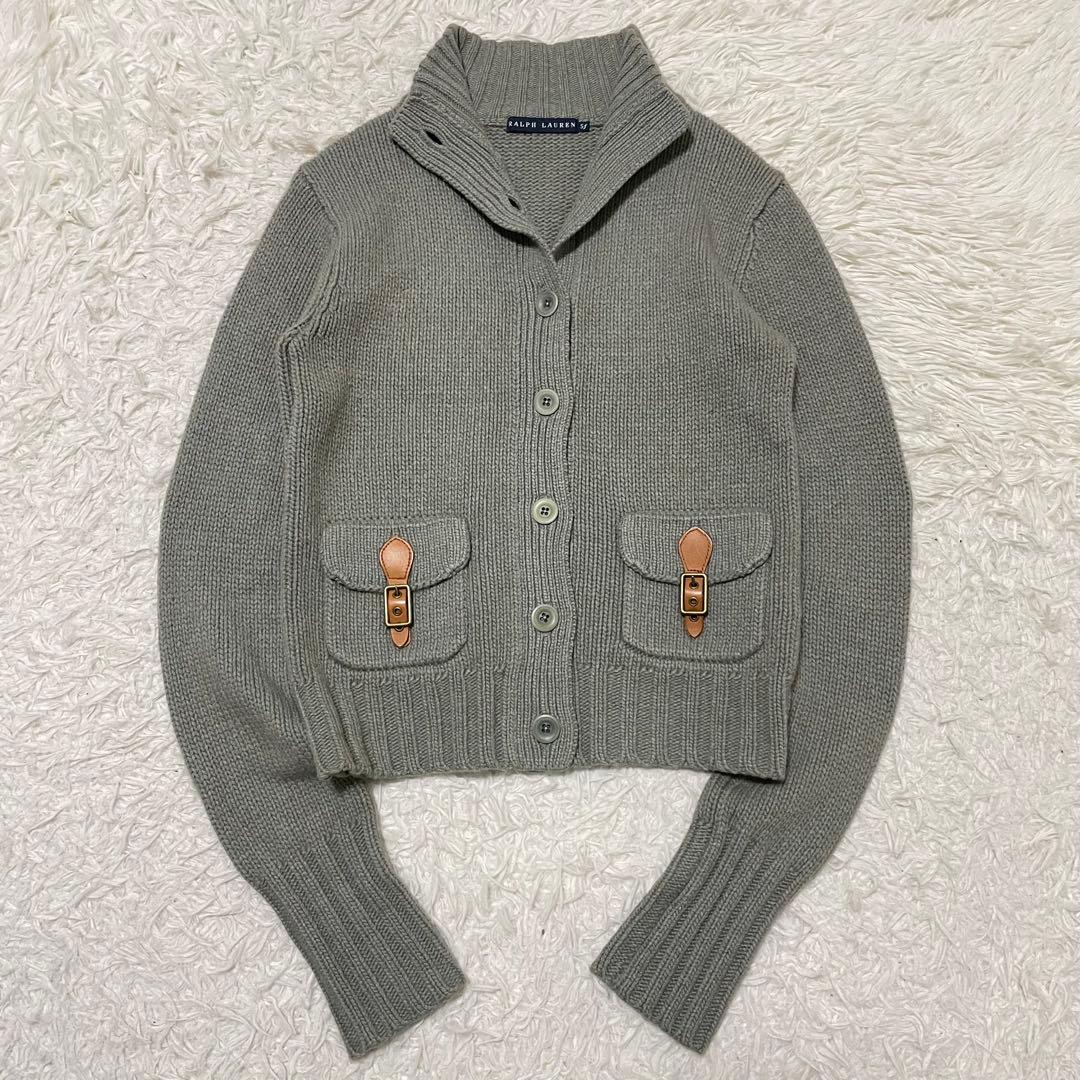 極美品/XL相当 ラルフローレン カシミヤ ケーブルニット レザー オリーブ色