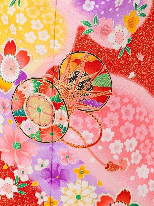 四つ身セット　絵羽　鼓柄　赤