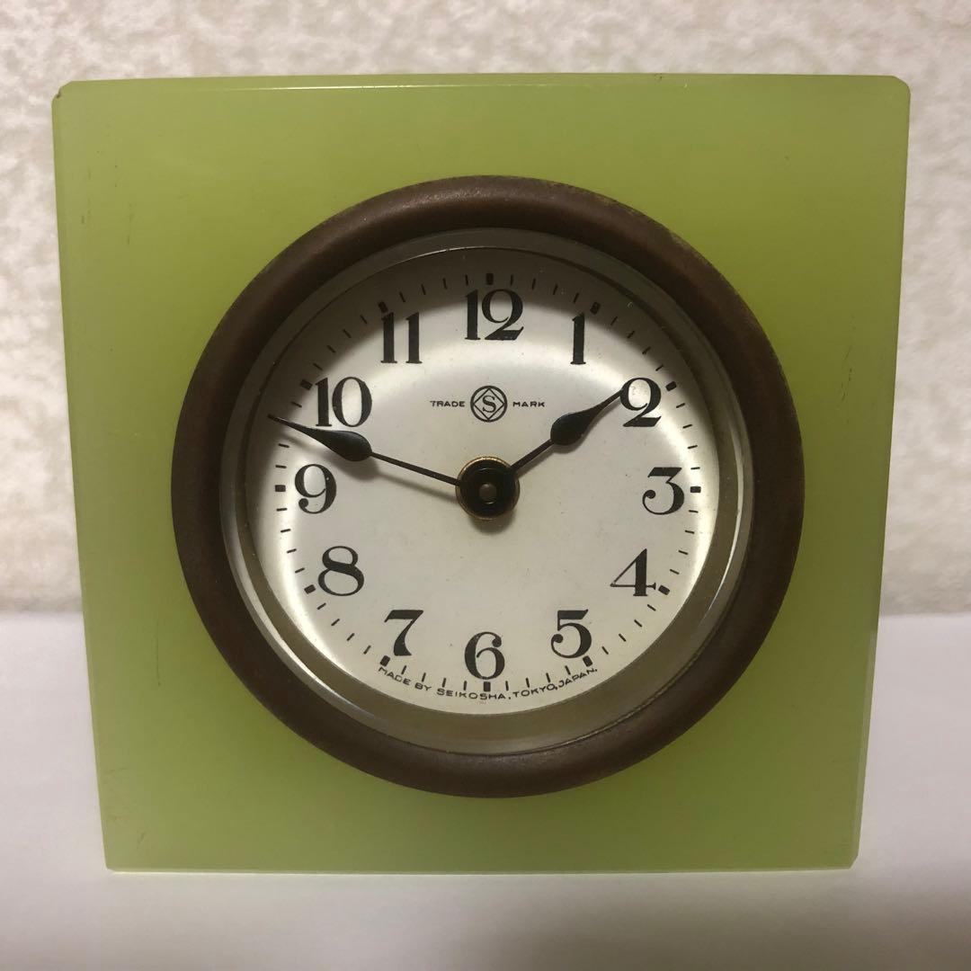 精工舎　ウランガラス置き時計　アンティーク　レトロ　骨董品　置き時計