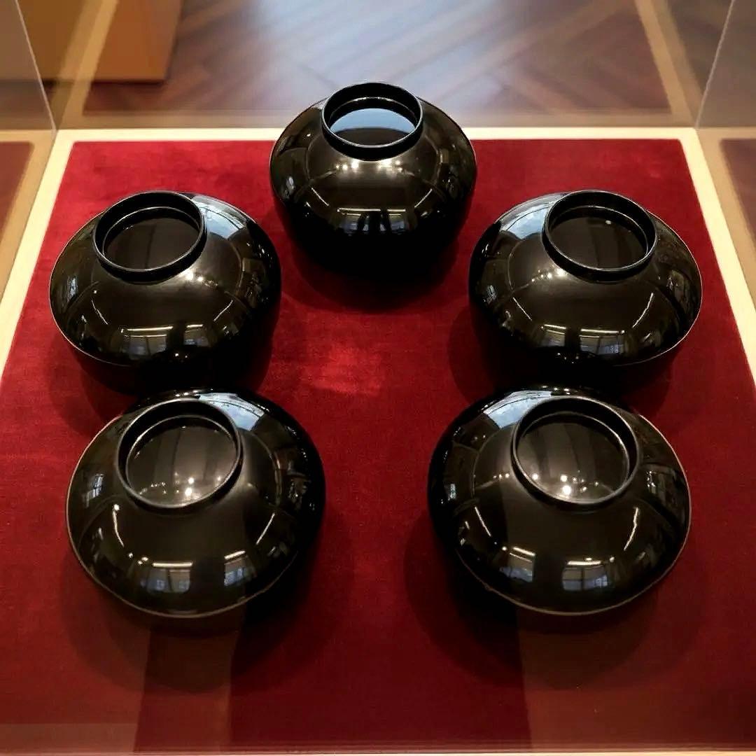 【時代物】金沢漆器 能作謹製 独楽蒔絵 千筋吸物椀×5客セット縁起物 民藝