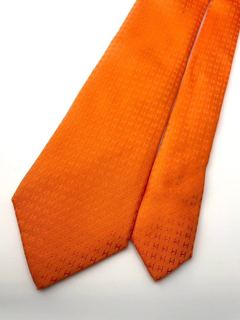 美品 エルメス ネクタイ ハイブランド H柄 ファソネ 高級 レア オレンジ