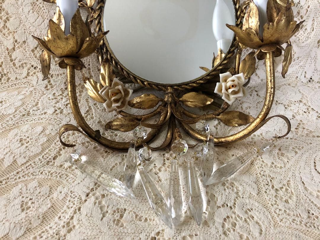 再再値下　豪華　ヴィンテージITALY 薔薇&クリスタル装飾♪燭台ランプ付壁掛鏡