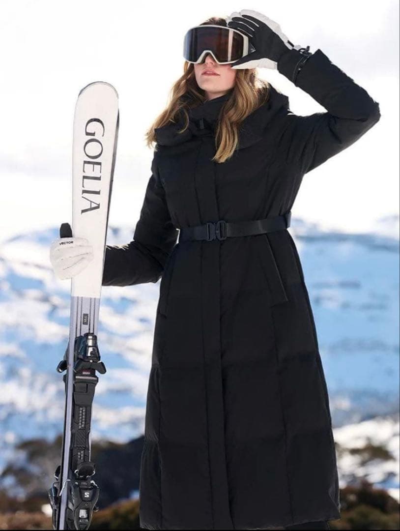 GOELIAフード付きギャザーウエストロンググースダウン ジャケットベルト付きM