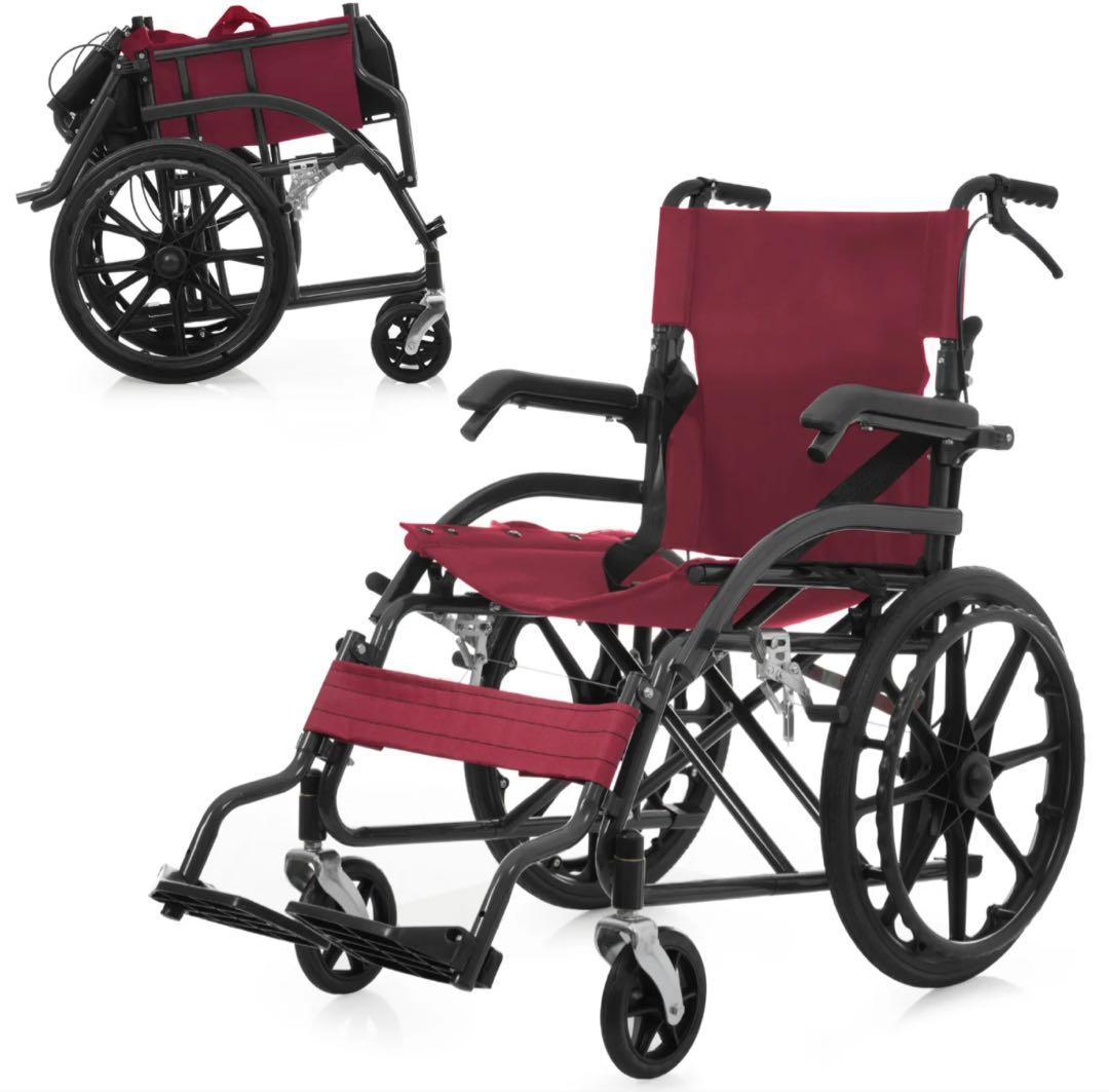 車椅子 折畳み 自走式ノーパンクタイヤ 外出用 介護 福祉用具 ブラック+レッド