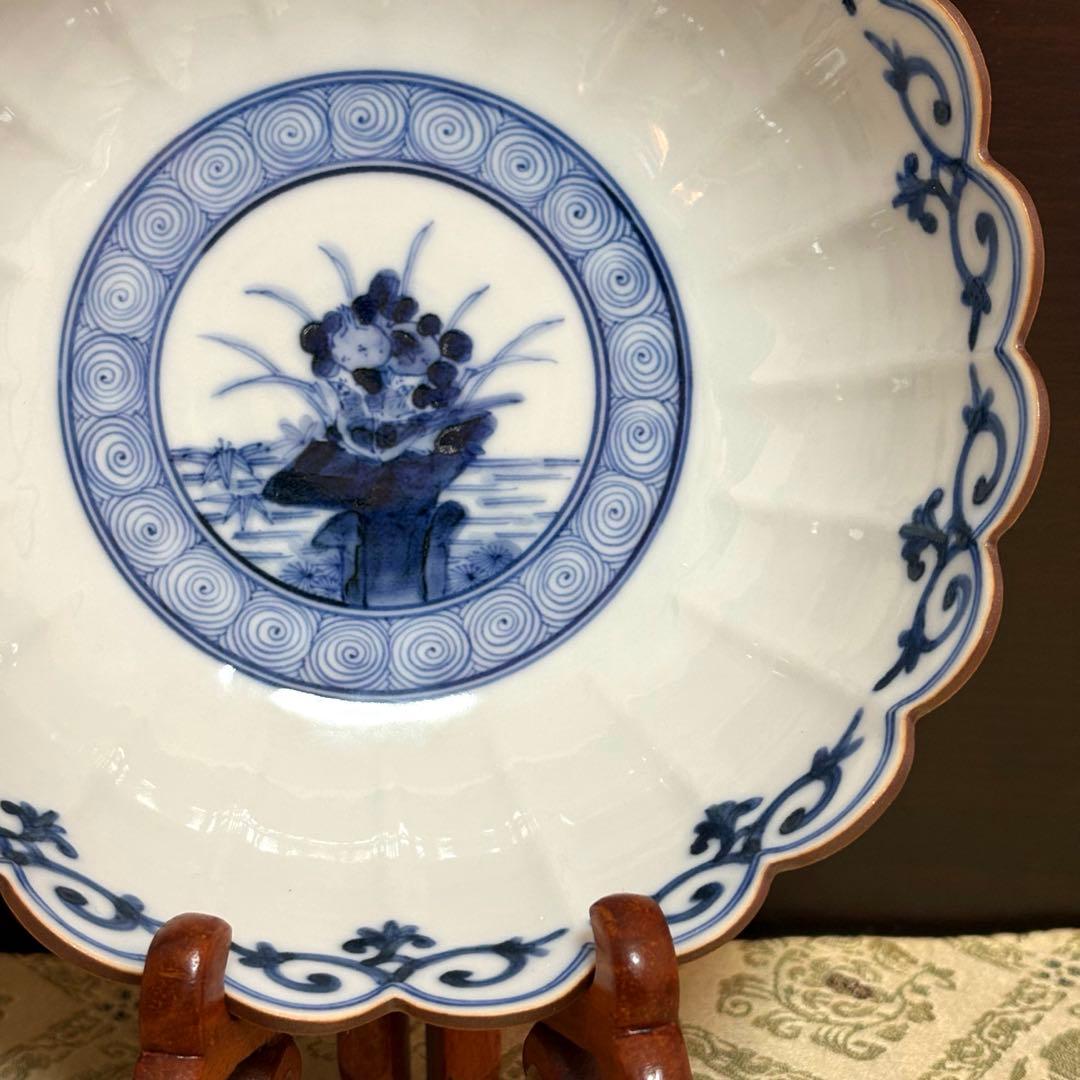 未使用保管✨九谷焼 妙泉陶房 長左窯 染付鳥文 菊鉢 箱入✨山本長左 中鉢 深鉢