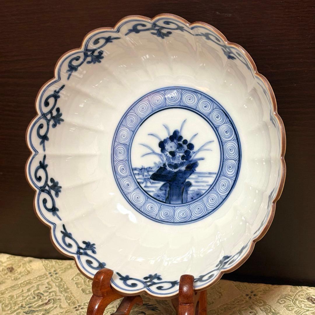 未使用保管✨九谷焼 妙泉陶房 長左窯 染付鳥文 菊鉢 箱入✨山本長左 中鉢 深鉢