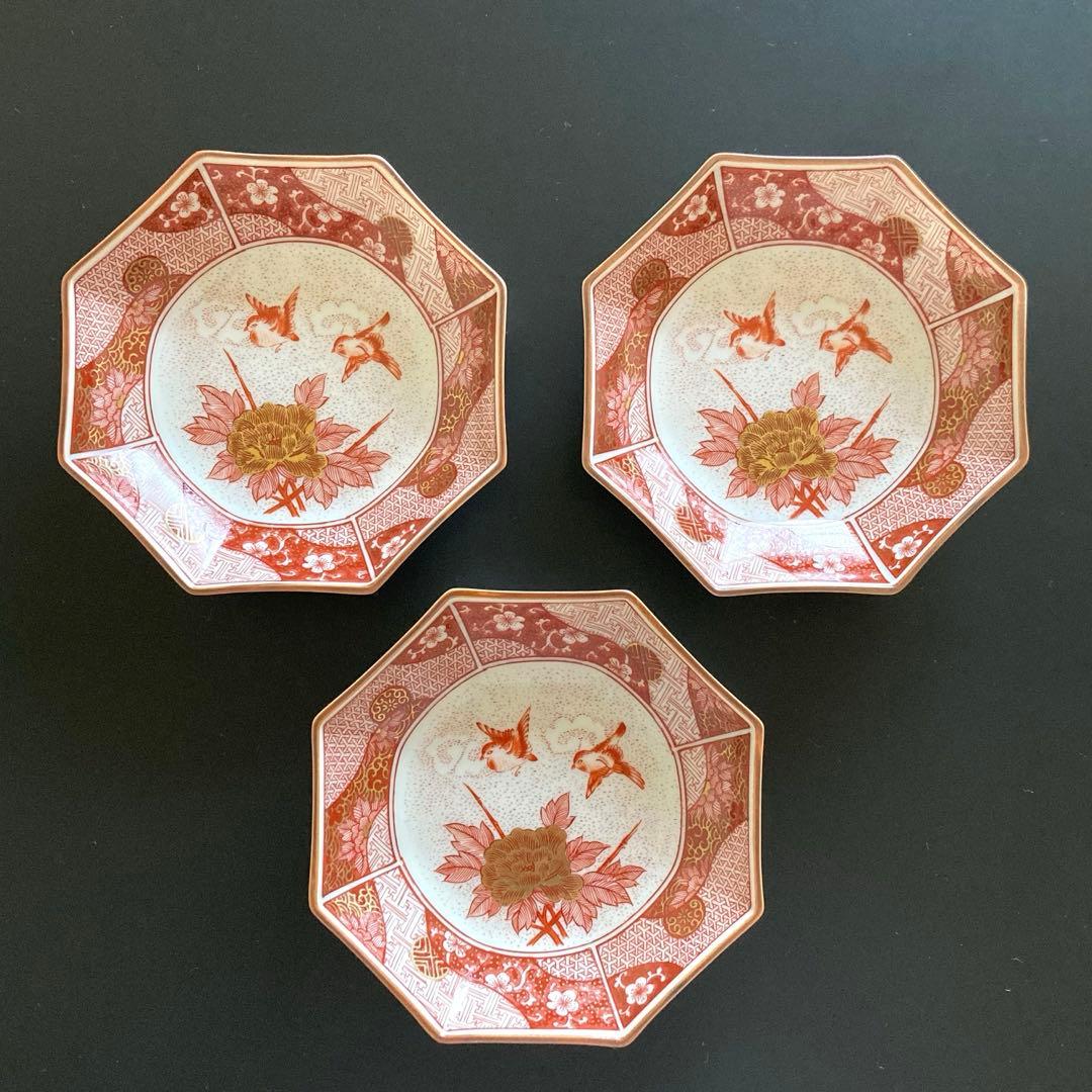 【美品】九谷焼　光山窯　赤絵　金彩　八角皿　銘々皿　12cm ５枚セット