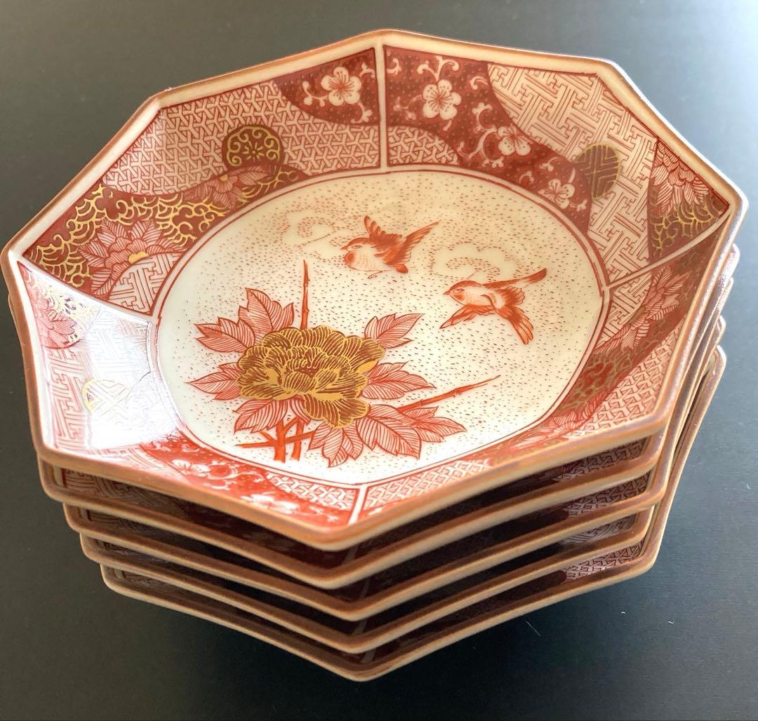【美品】九谷焼　光山窯　赤絵　金彩　八角皿　銘々皿　12cm ５枚セット
