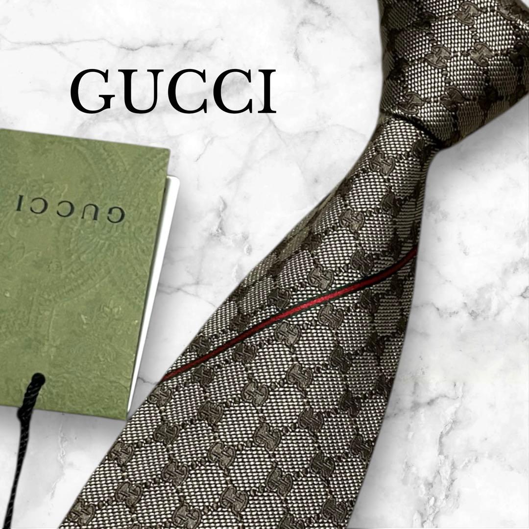 【未使用】GUCCI グッチ　ネクタイ　ブラウン　タグ　GG シェリーライン