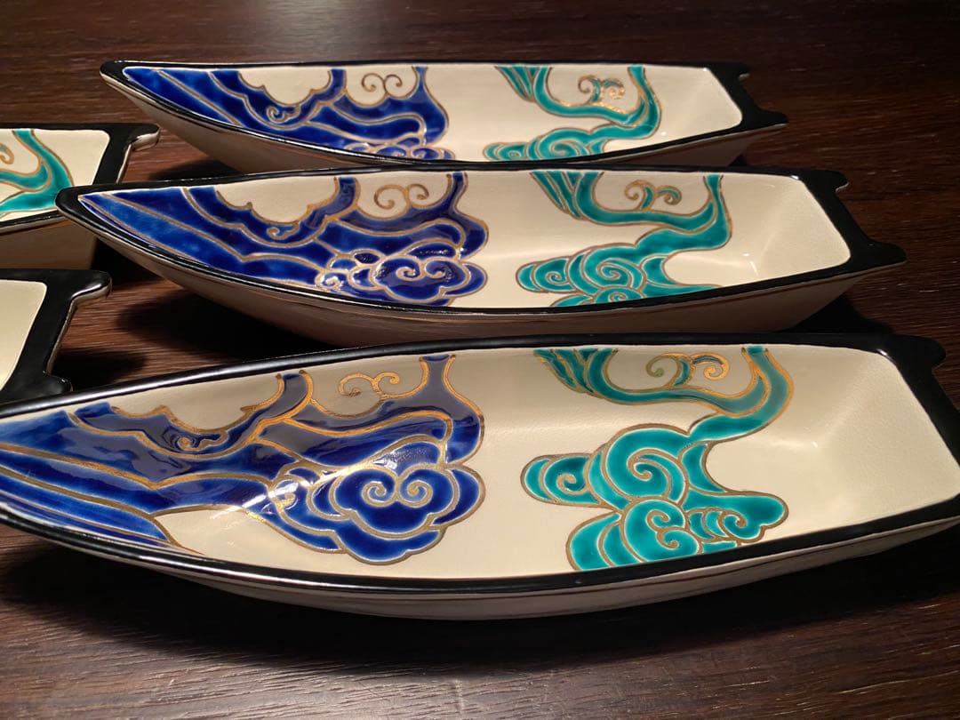 京焼向付　仁清流水舟形向付7客　新品未使用