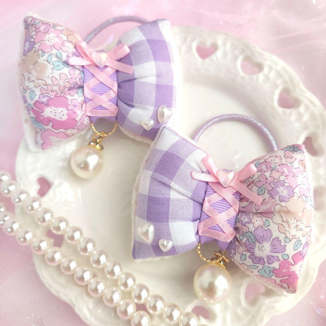 ハンドメイド♡リバティ×ギンガム 編み上げ風ぷっくりツイン