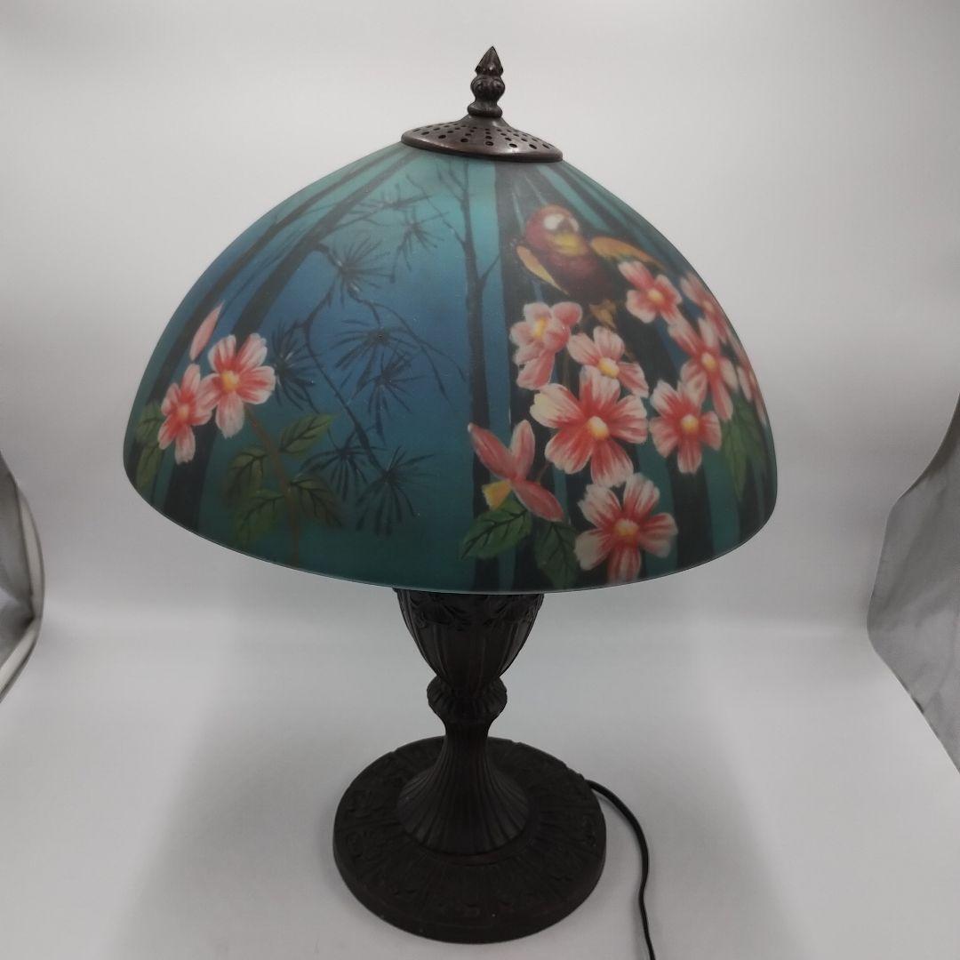 c【 美品 】高さ58㎝ ティファニー 鳥 花柄 大型ガラスシェードランプ
