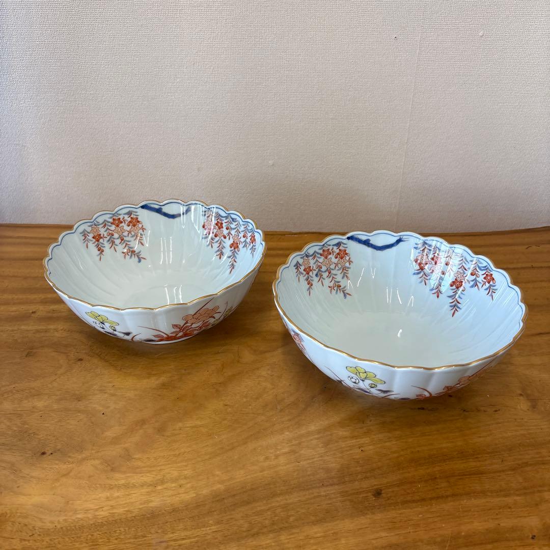 其泉窯　花柄　波型　陶器ボウル　2個セット　幅約20cm 高さ約8cm 有田焼
