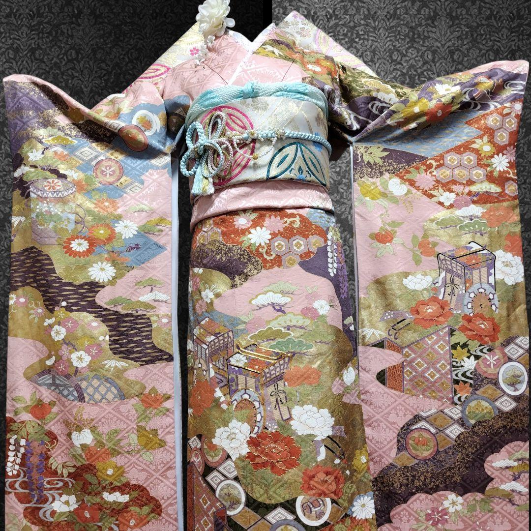 振袖フルセット(7点)・成人式・金彩加工・くすみ・ピンク・古典柄・正絹
