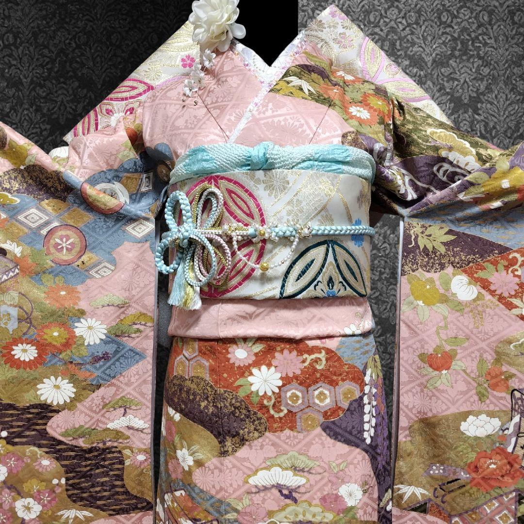 振袖フルセット(7点)・成人式・金彩加工・くすみ・ピンク・古典柄・正絹