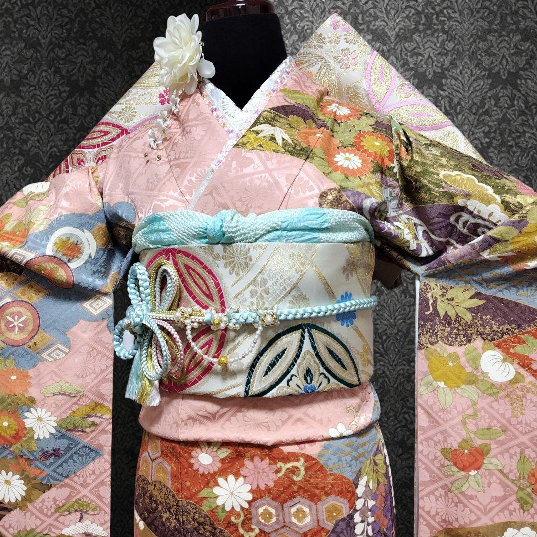 振袖フルセット(7点)・成人式・金彩加工・くすみ・ピンク・古典柄・正絹