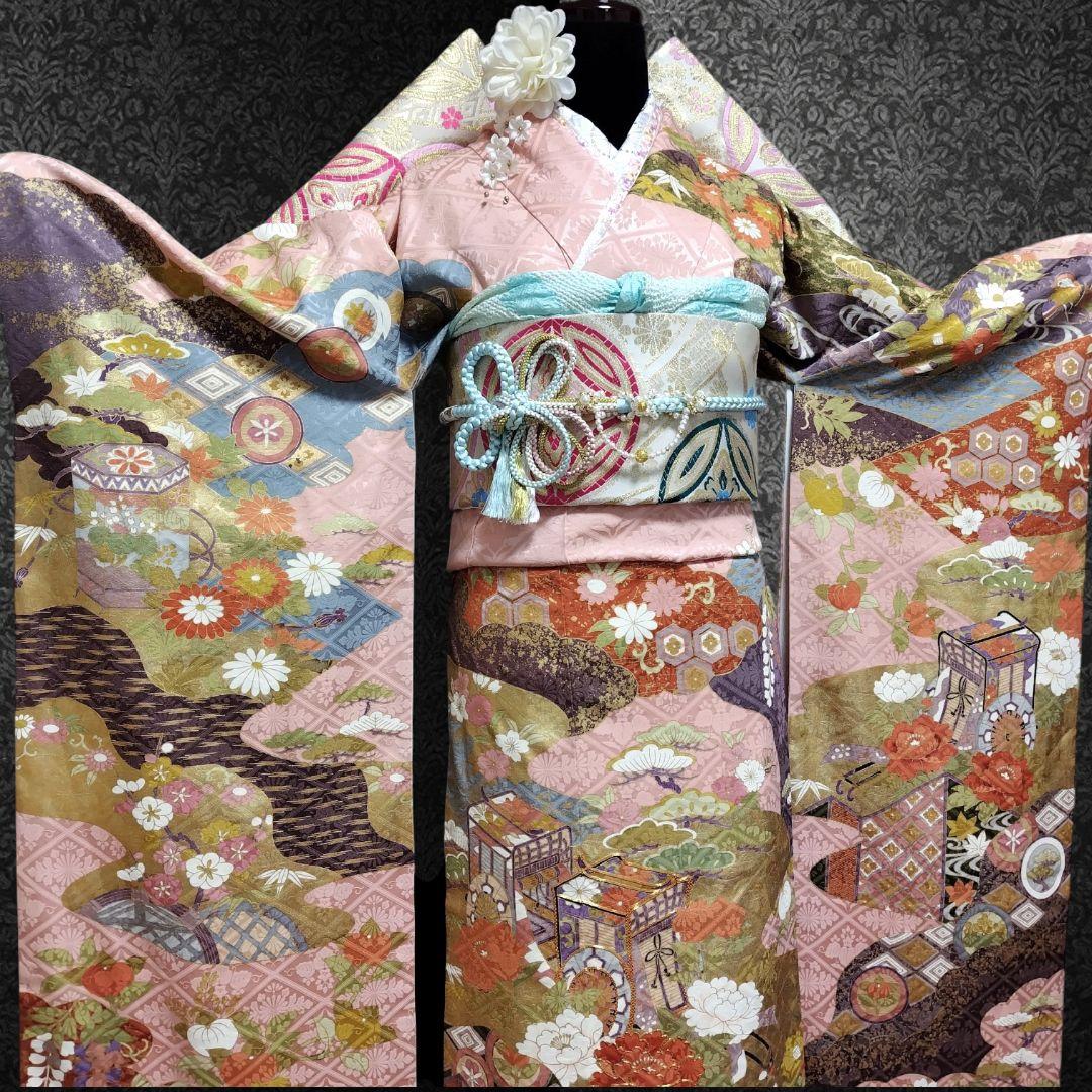 振袖フルセット(7点)・成人式・金彩加工・くすみ・ピンク・古典柄・正絹
