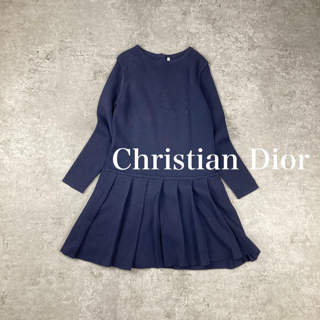 クリスチャンディオール　長袖　　プリーツ　ワンピース　ビー　刺繍　8 ネイビー