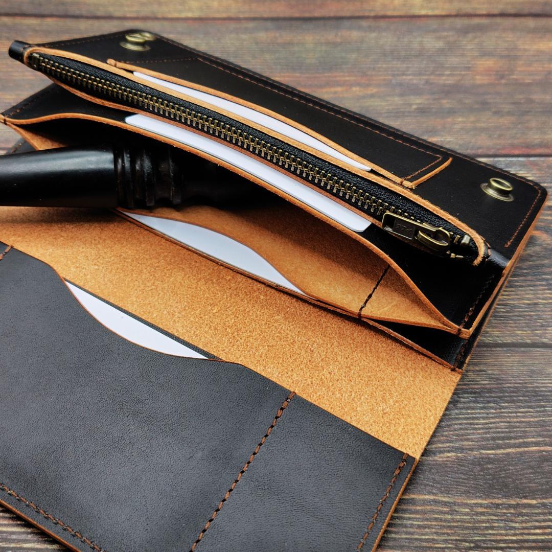 ロングトラッカーウォレット 栃木レザー ハンドメイド 本革 茶芯ブラック