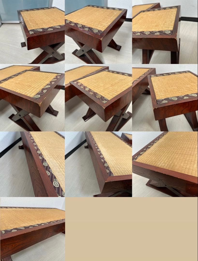 駿河民芸 囲炉裏テーブル 杢目 隅金具/畳ベンチ1脚・畳椅子2脚付き iso※