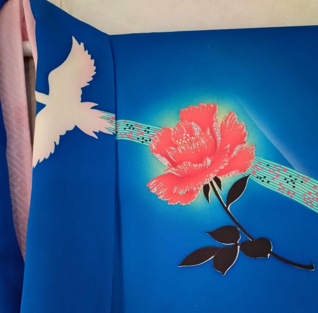 ポケカ 美品 ブルー系振袖 8点フルセット 正絹★青 バラ 鳳凰 ※ラメ