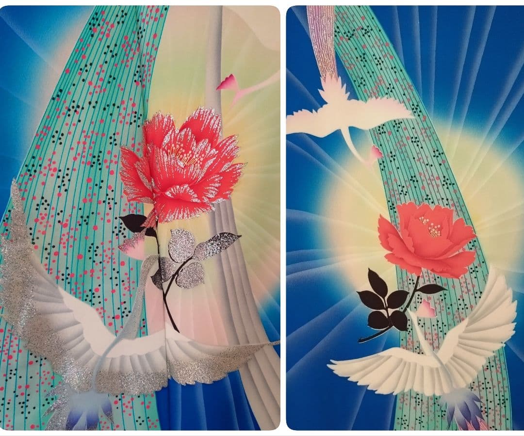 ポケカ 美品 ブルー系振袖 8点フルセット 正絹★青 バラ 鳳凰 ※ラメ