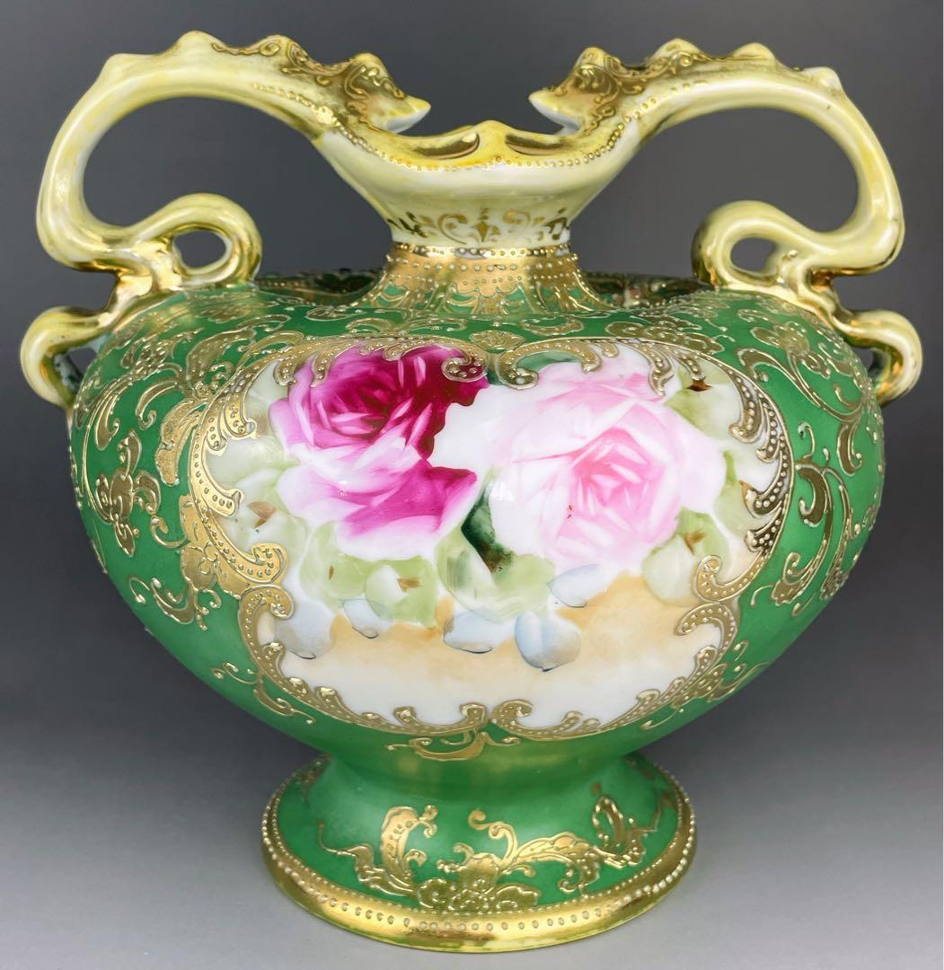 【美品】オールドノリタケ ジュエル 翠地金盛り蝶 薔薇紋花瓶 ジュール エナメル