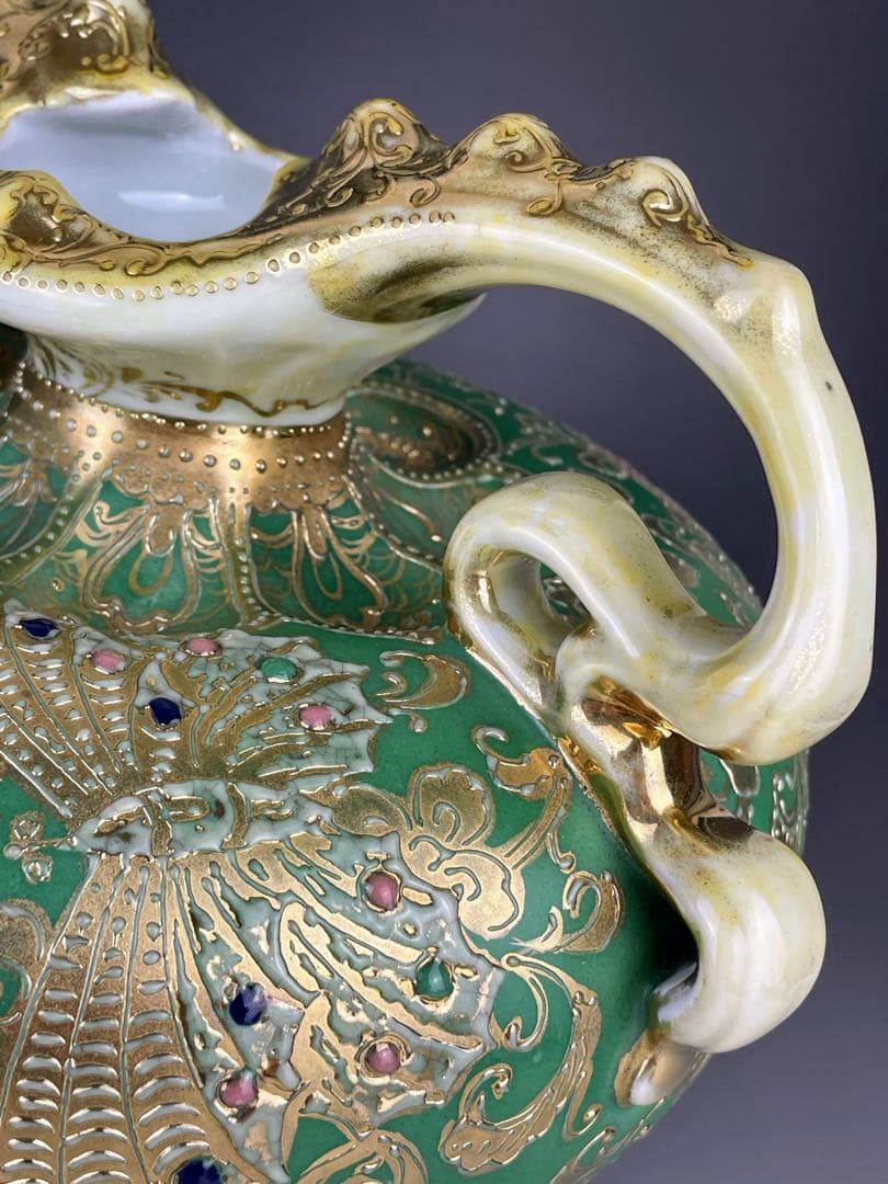 【美品】オールドノリタケ ジュエル 翠地金盛り蝶 薔薇紋花瓶 ジュール エナメル