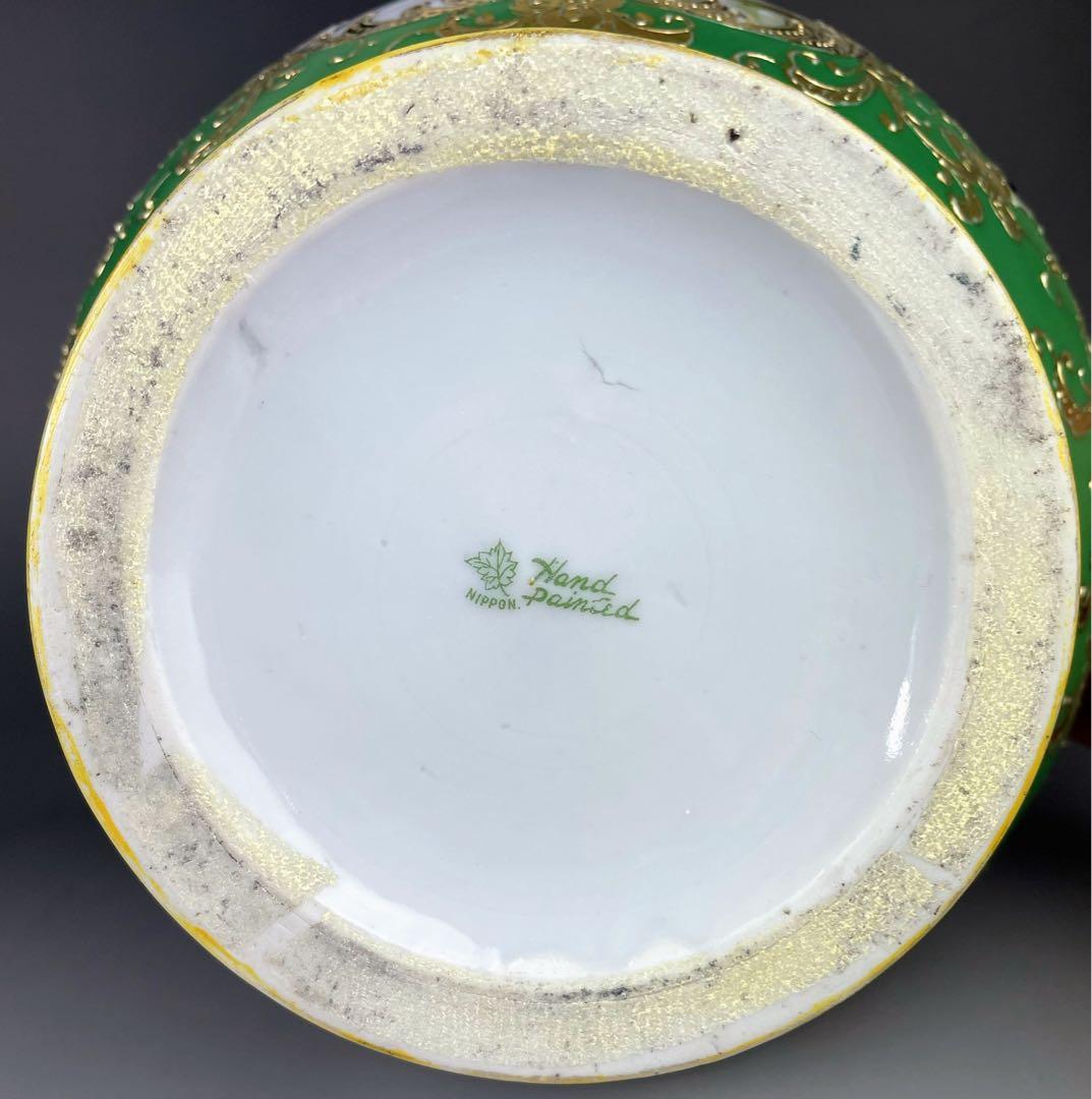 【美品】オールドノリタケ ジュエル 翠地金盛り蝶 薔薇紋花瓶 ジュール エナメル