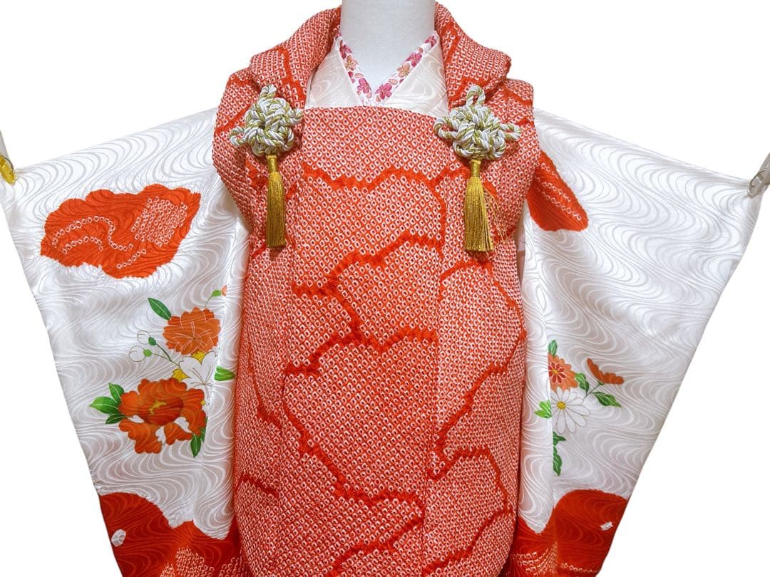 総絞り被布セット♡七五三　3歳　女の子　フルセット　一式　正絹　朱色