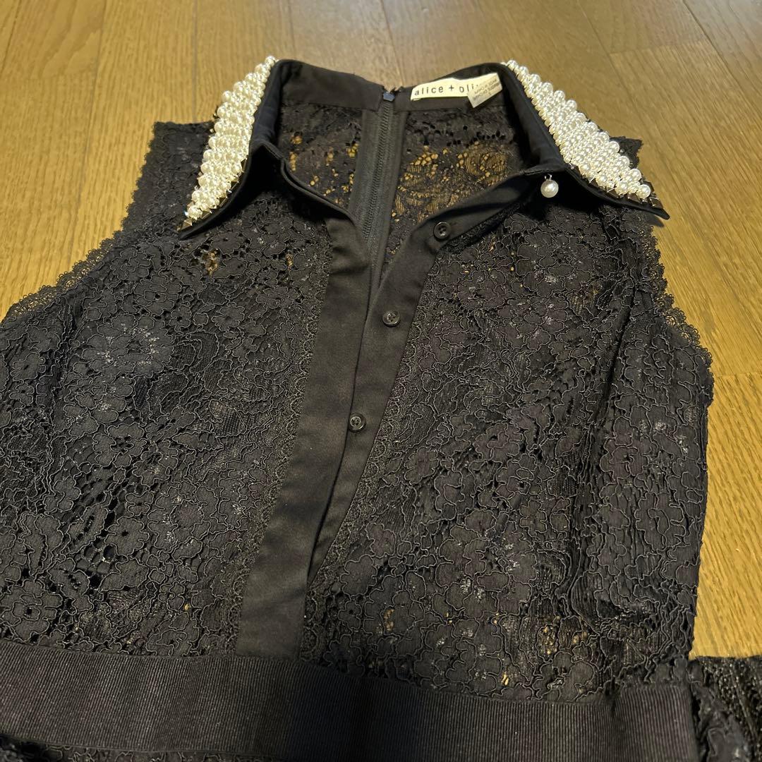 【新品未使用】アリスアンドオリビア総レースワンピース襟ビジュー黒ノースリーブ2