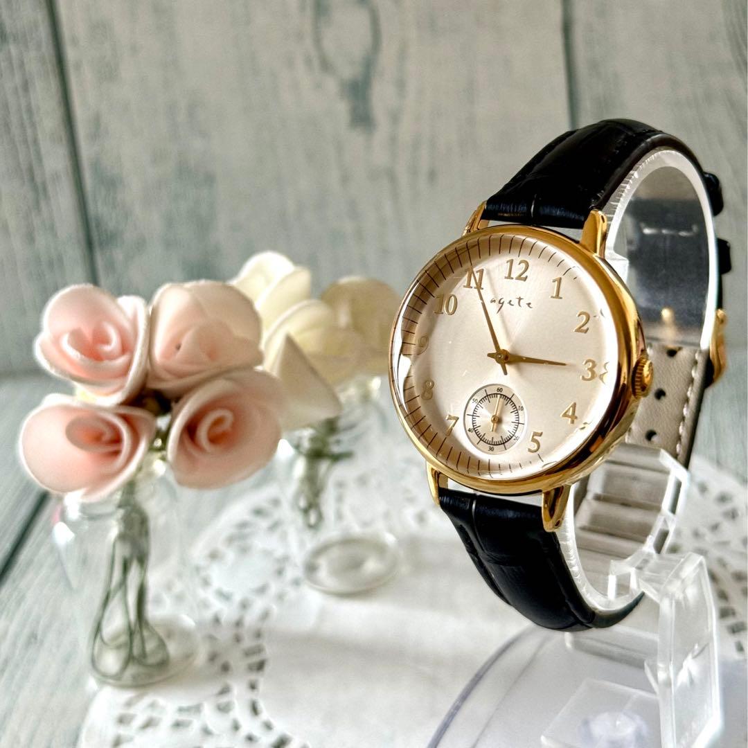 【電池交換済】agete アガット 腕時計 ラウンド ゴールド スモセコ