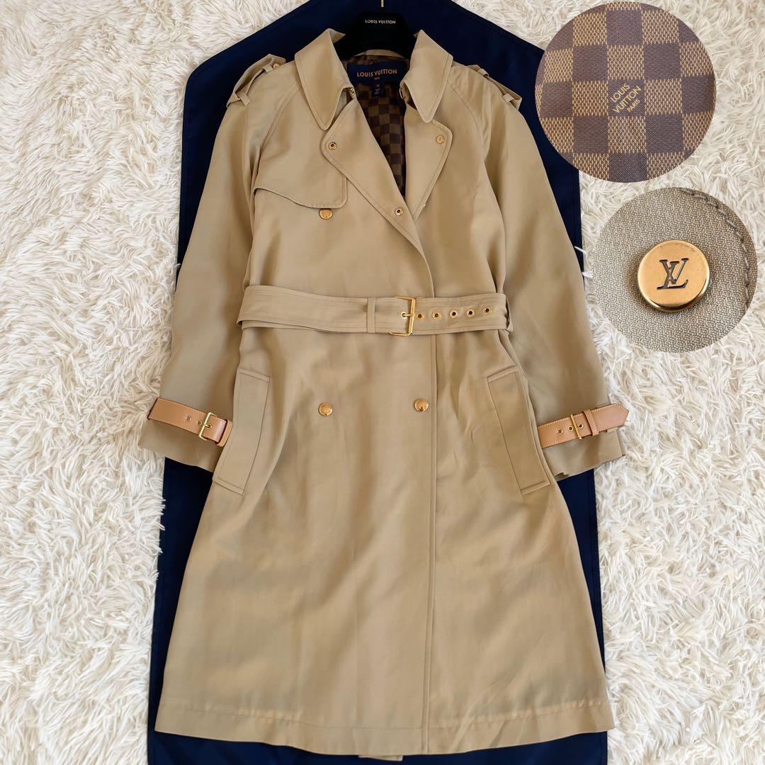 未使用級　ルイヴィトン　トレンチコート　ダミエ　レザーベルト　金ボタン　ベージュ