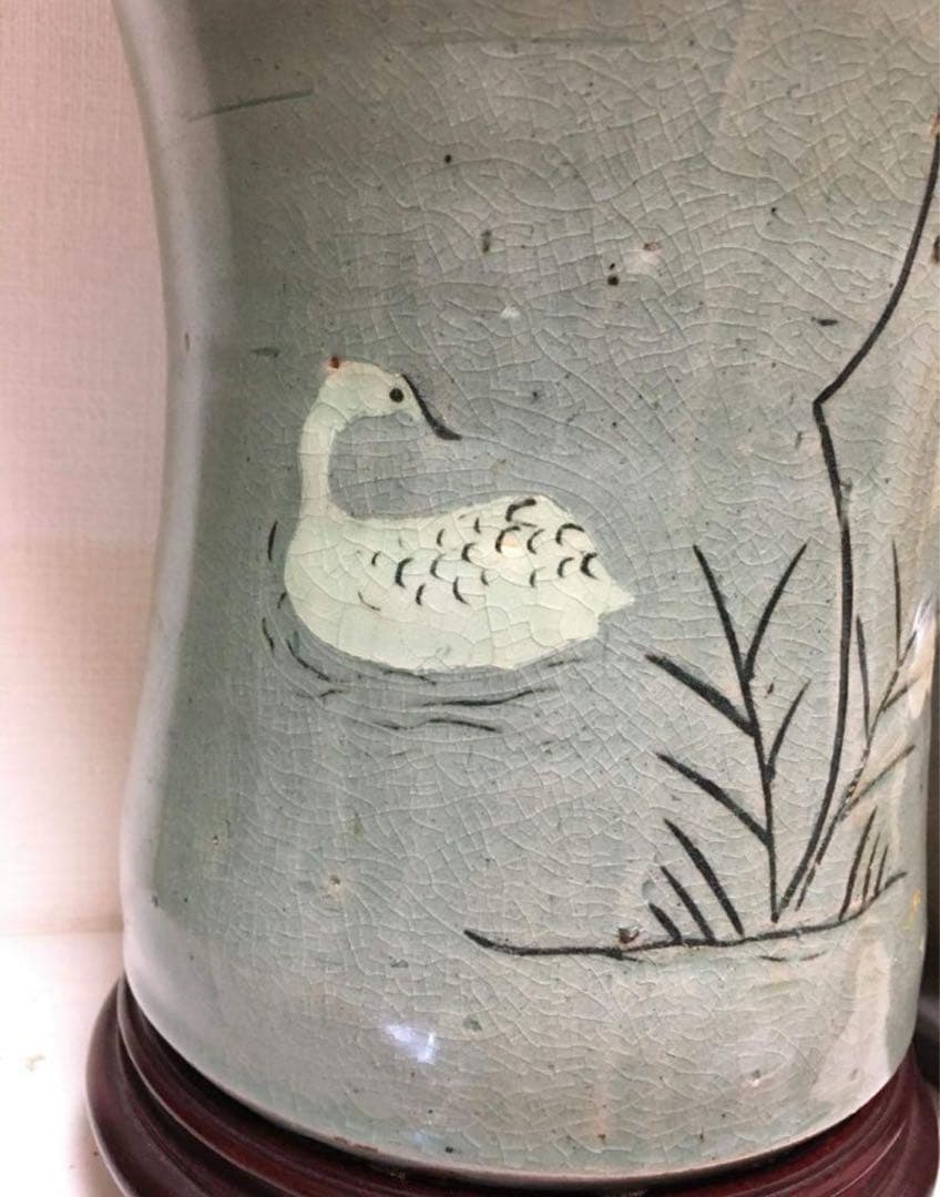 李朝　大珍品　緑色の陶器製花瓶 水辺の風景骨董品保証