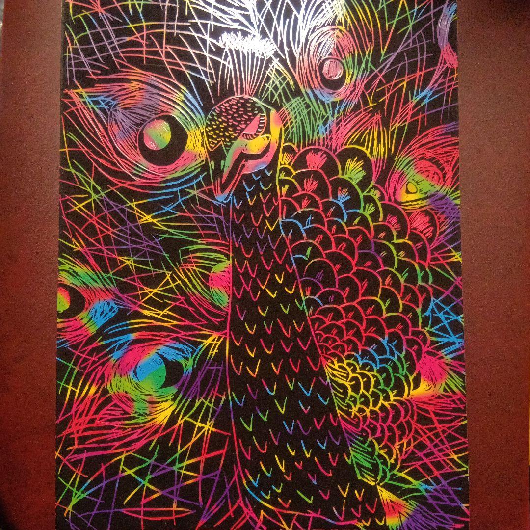 スクラッチアート 完成品 オリジナル クジャク 一点物