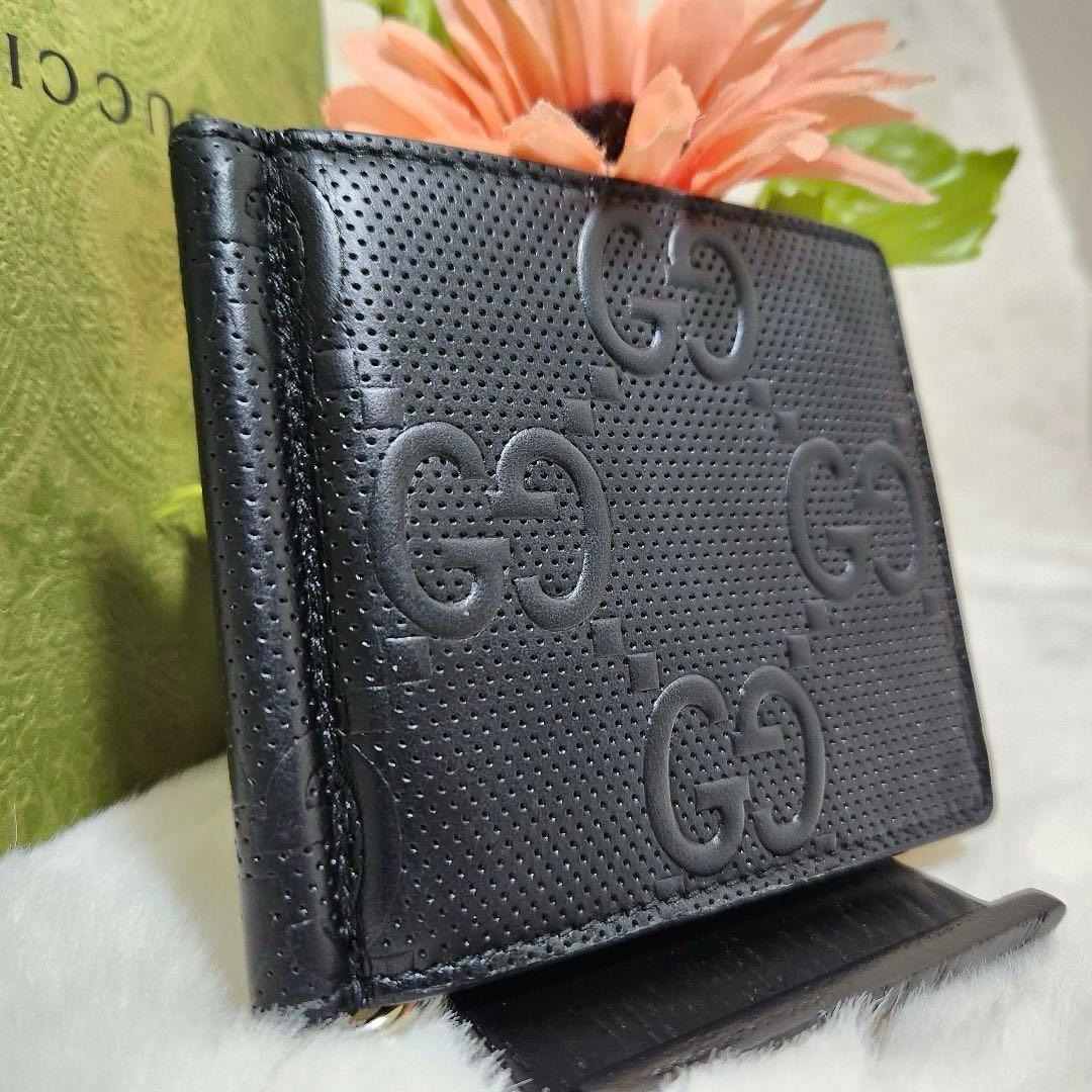 ✨未使用級　付属品完備✨グッチ　マネークリップ　エンボスレザー　ブラック　黒