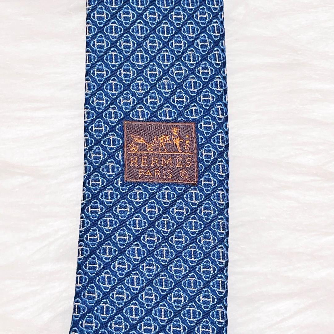希少柄　HERMES エルメス　ブルー　幾何学模様 ネクタイ　シルク　近代