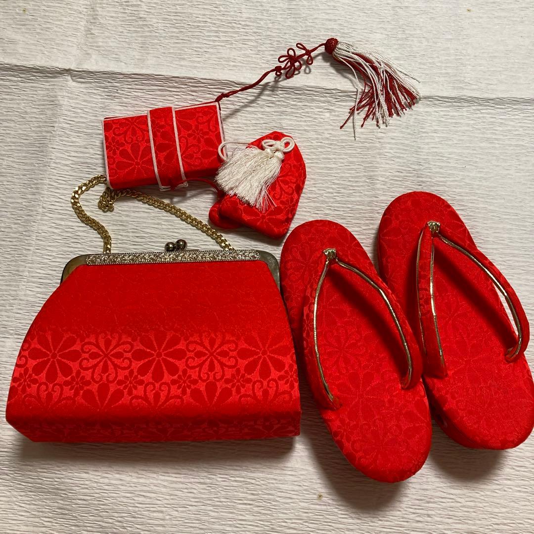 七五三　正絹　3歳用着物長襦袢被布草履バッグセット　梅桜花　赤　ピンク　金　女