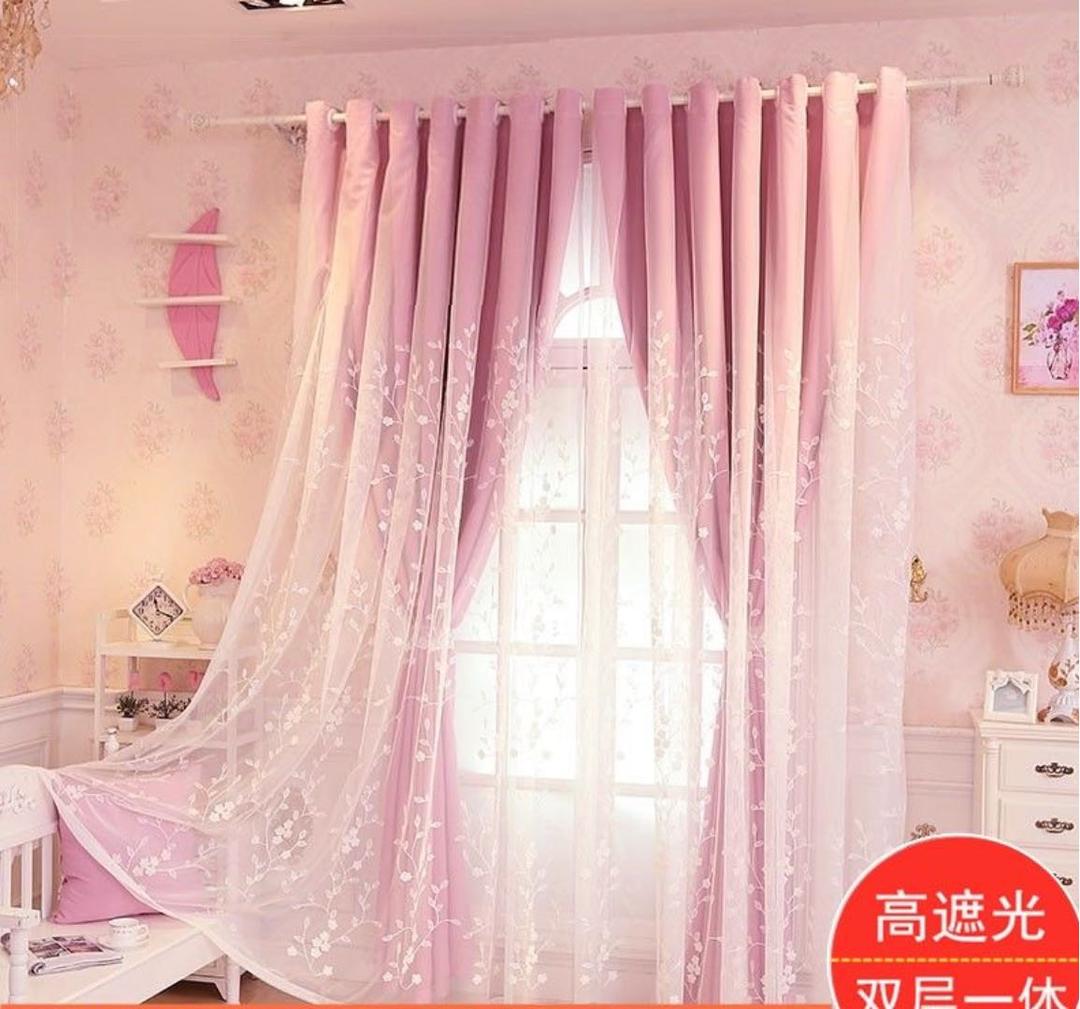 カーテン　ドレープカーテン　二重カーテン　レース付きカーテン　緑色　葉　夏色