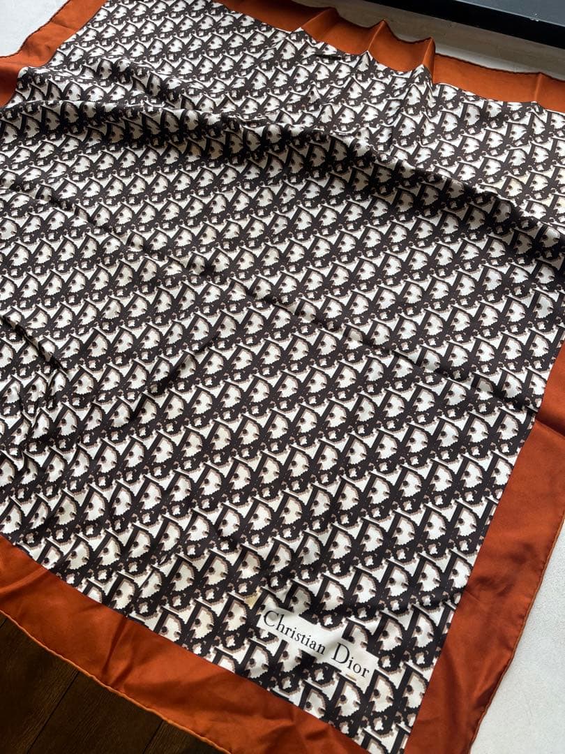 【美品】ChristianDior スカーフ ブラウン　ホワイト　オレンジ系