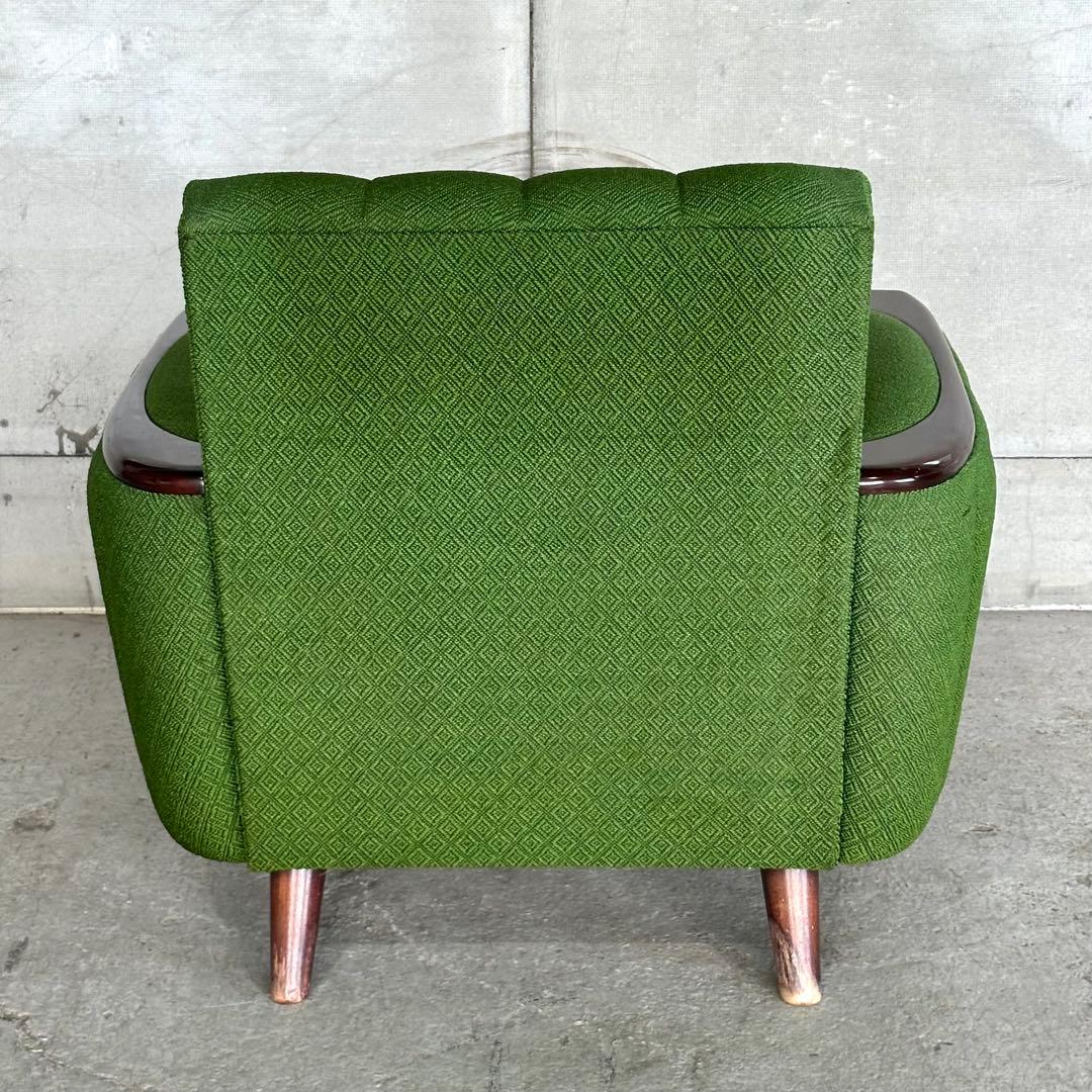 ✦70S✦ 昭和モダン 深緑ファブリック 木肘一人掛けチェア レトロ インテリア