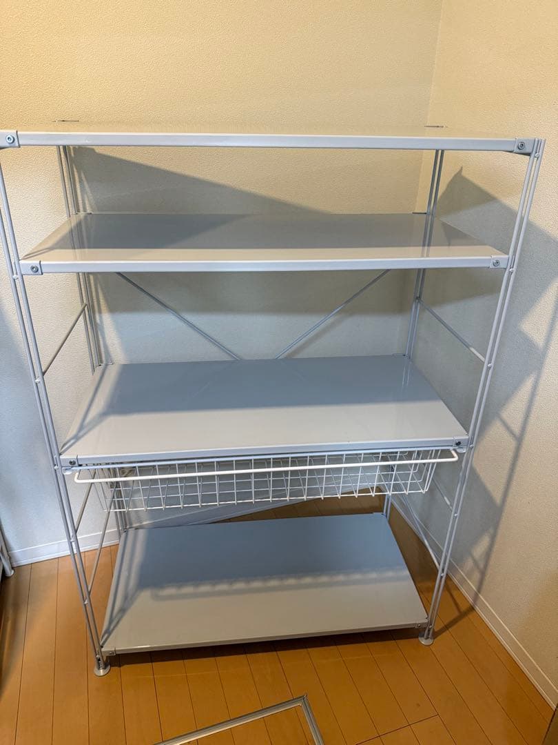 無印良品 スチールユニットシェルフ ワイド 中 ライトグレー ワイヤーバスケット