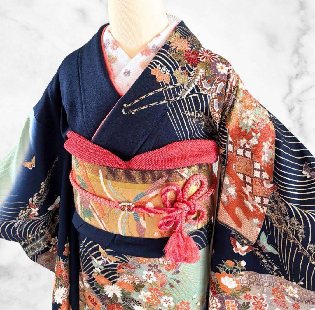 美品 振袖 フルセット 身丈155 正絹 刺繍衿 ネイビー 紺