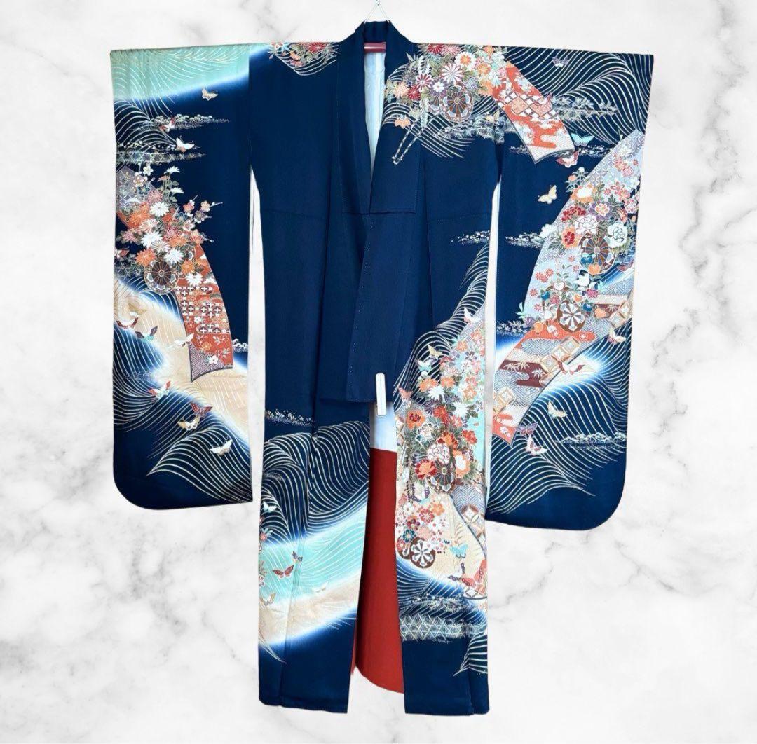 美品 振袖 フルセット 身丈155 正絹 刺繍衿 ネイビー 紺