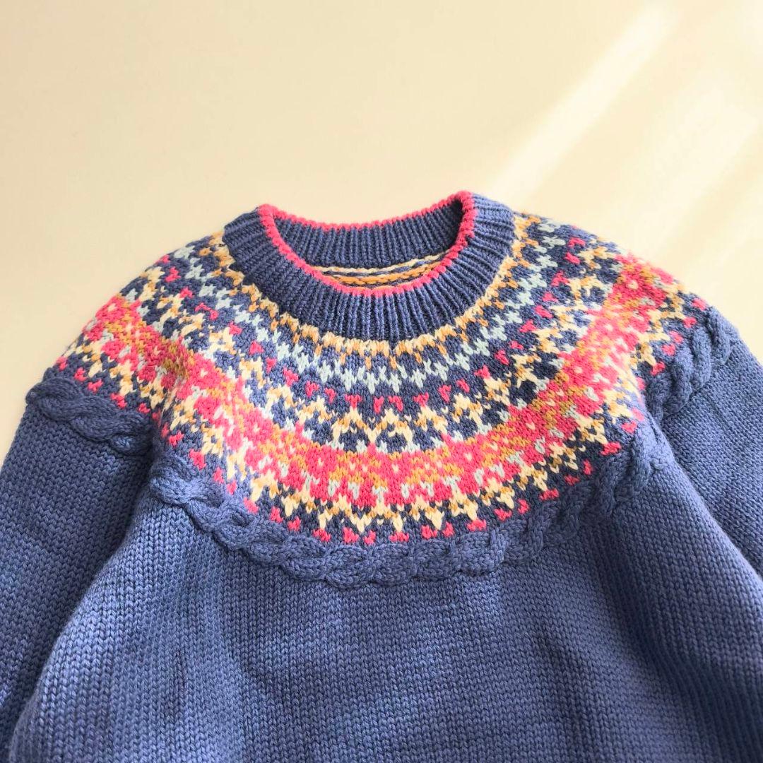 配色可愛いヴィンテージ　フェアアイル　ノルディックニット　ブルー A25