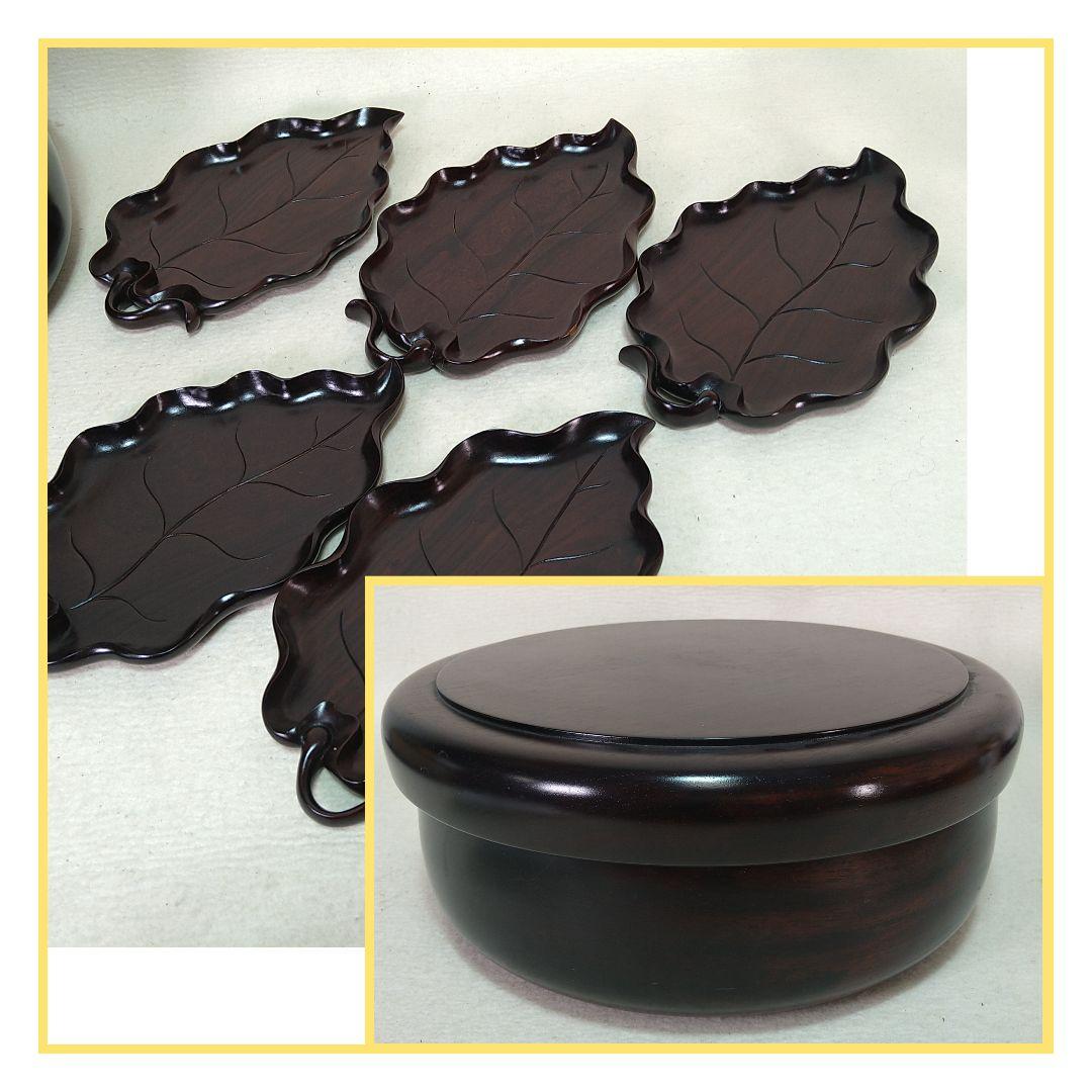 A461 紫檀製 茶櫃くりぬき 菓子器五枚 葉型菓子皿彫刻菓子器セット煎茶道具